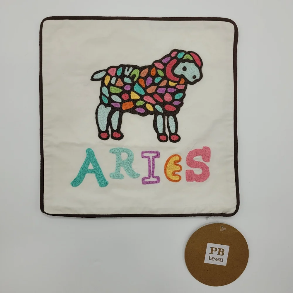 Pottery Barn PB Teen Aries Embroidered Pillow Cover 12x12 Astrology Ram NEW